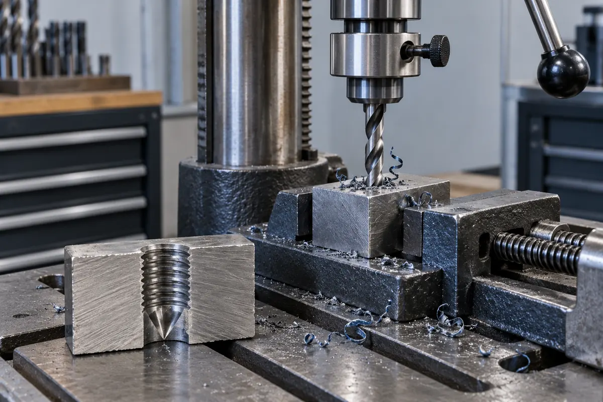 A drill press with a depth stop drilling a steel block, with a sawn block showing a blind tapped hole and its drill point