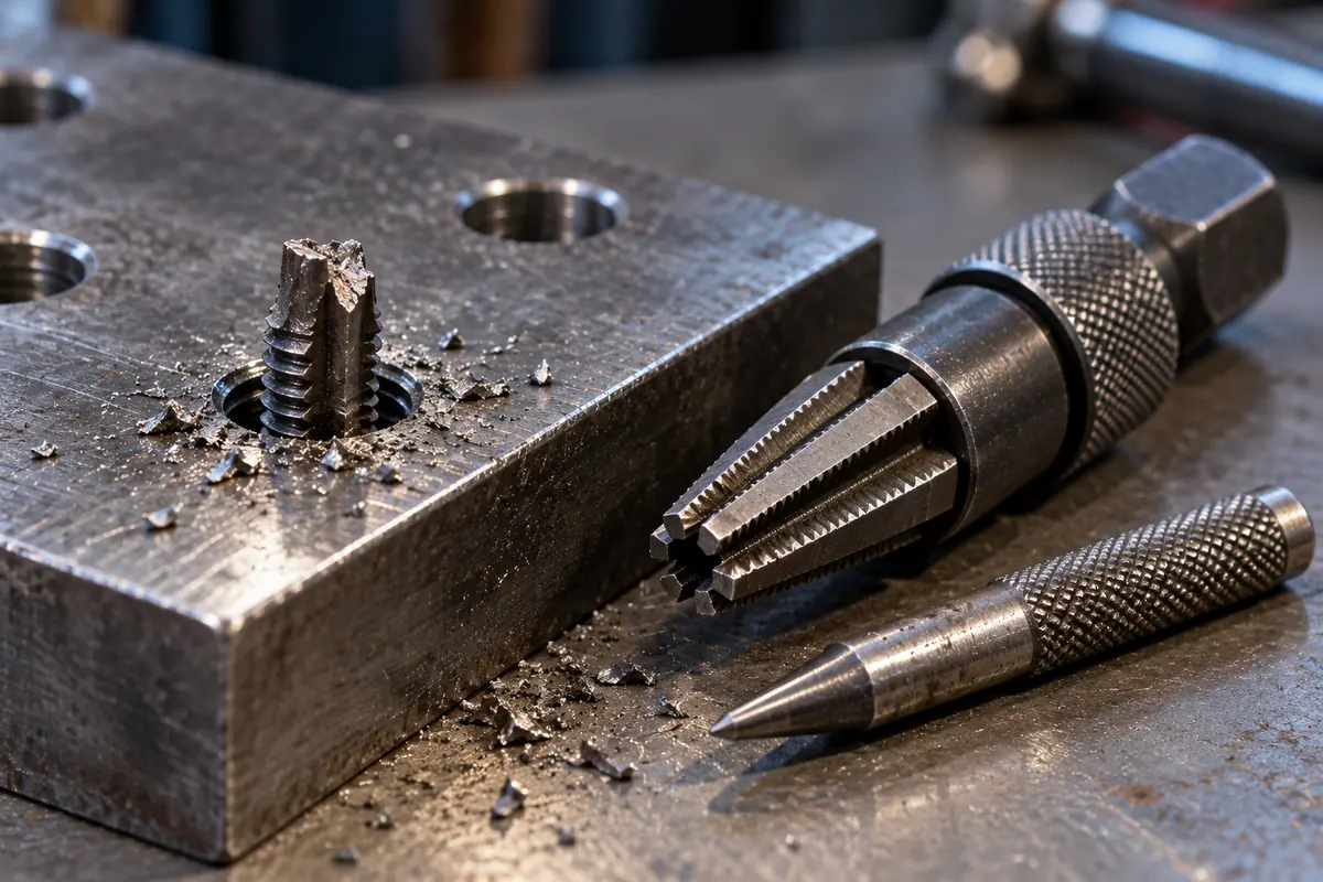 A snapped tap stub stuck in a threaded hole in a steel block, with a tap extractor and center punch beside it