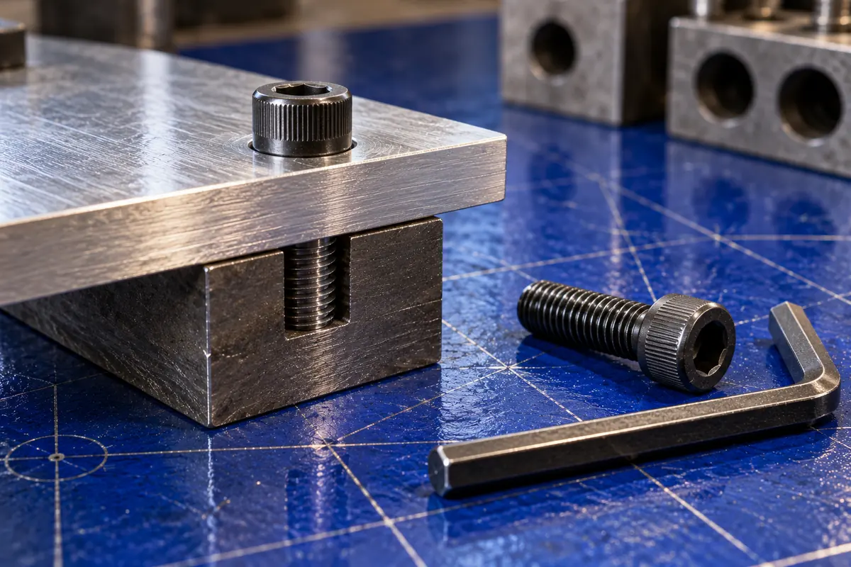 A socket head cap screw through a drilled aluminum plate into a tapped steel block, with a hex key beside it