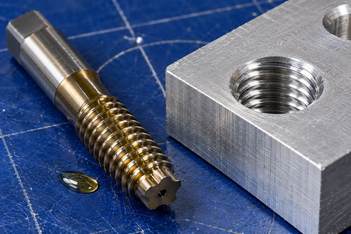 A thread forming tap with a lobed profile next to an aluminum part with freshly formed threads and no chips