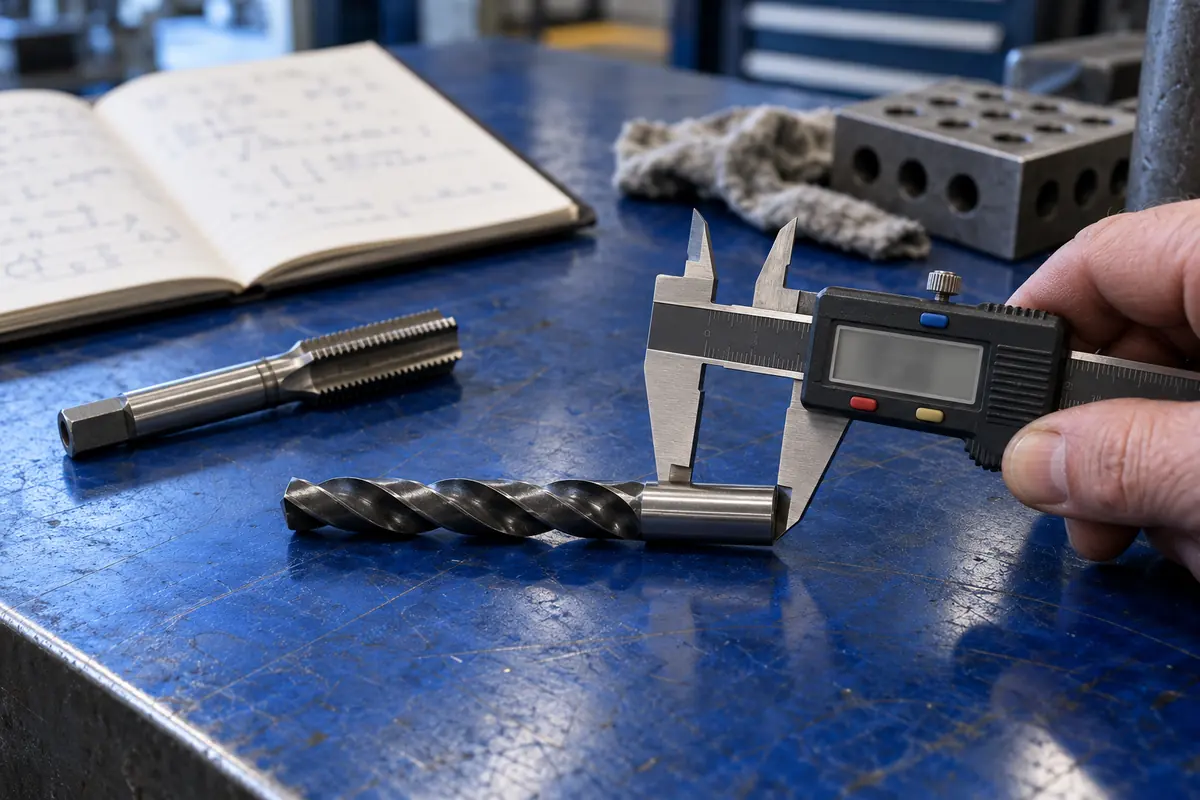 A digital caliper measuring the shank of a twist drill next to a hand tap on a blue layout plate