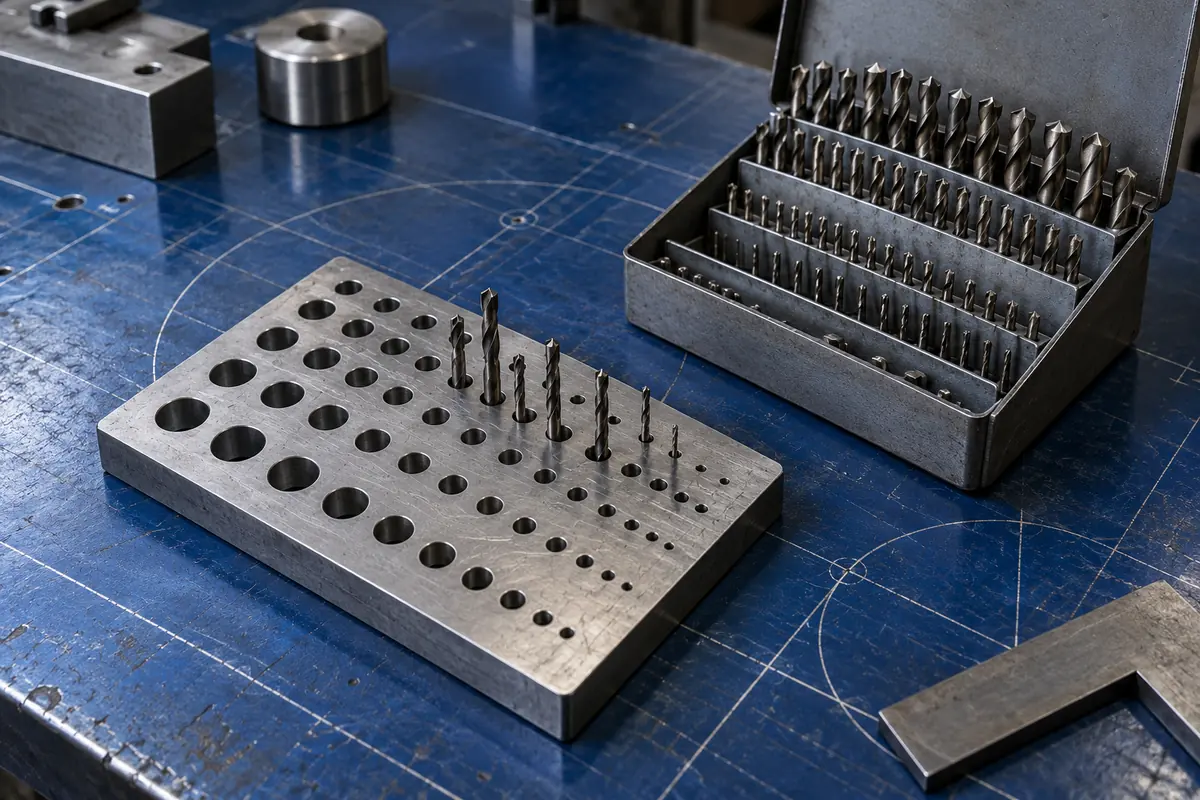 A steel drill gauge plate with small twist drills standing in its holes next to an open drill index