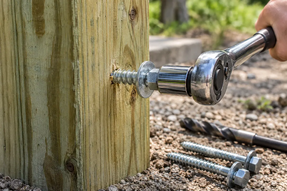 A hex-head lag screw being driven with a ratchet into a pre-drilled pressure-treated wood post