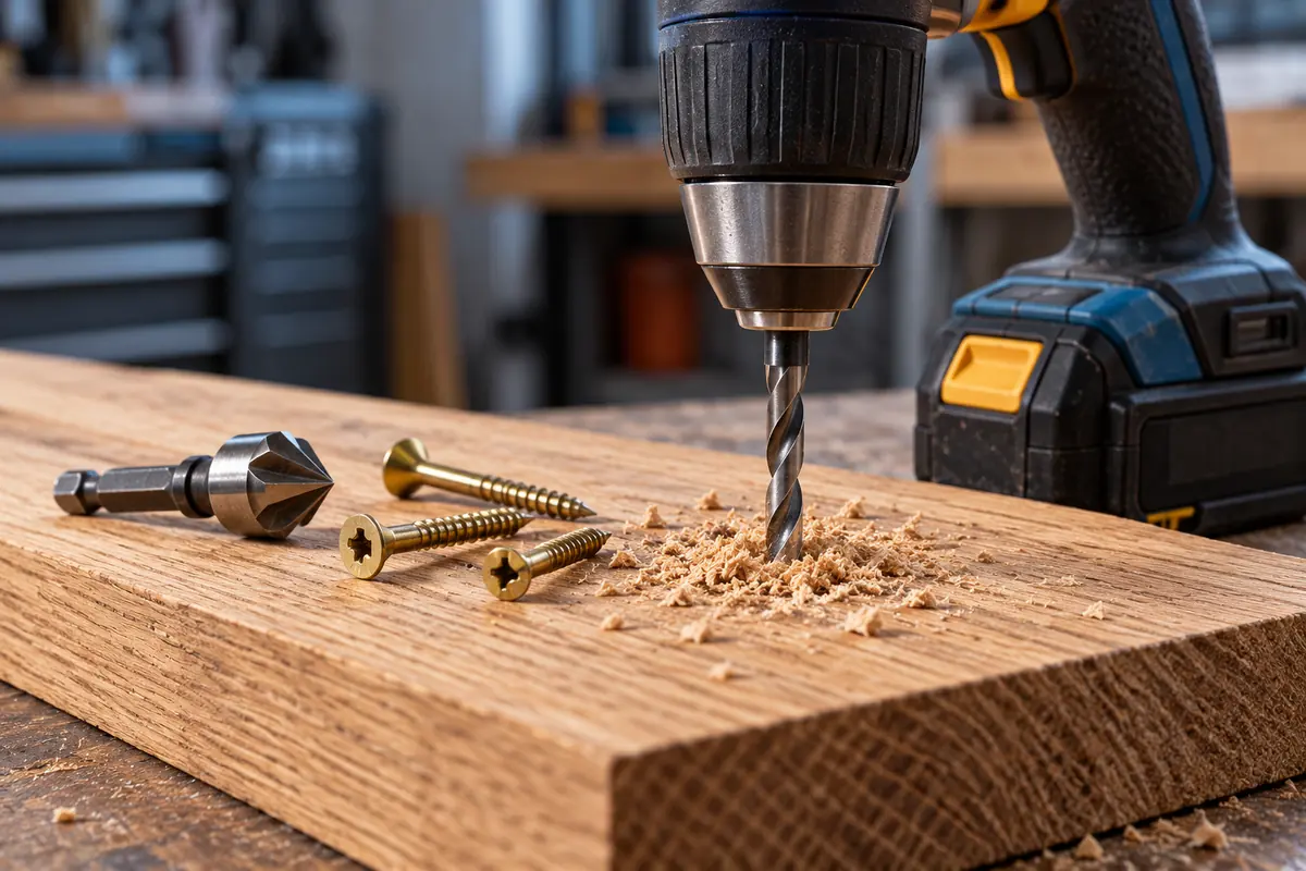 A cordless drill boring a pilot hole in an oak board with wood screws and a countersink bit beside it