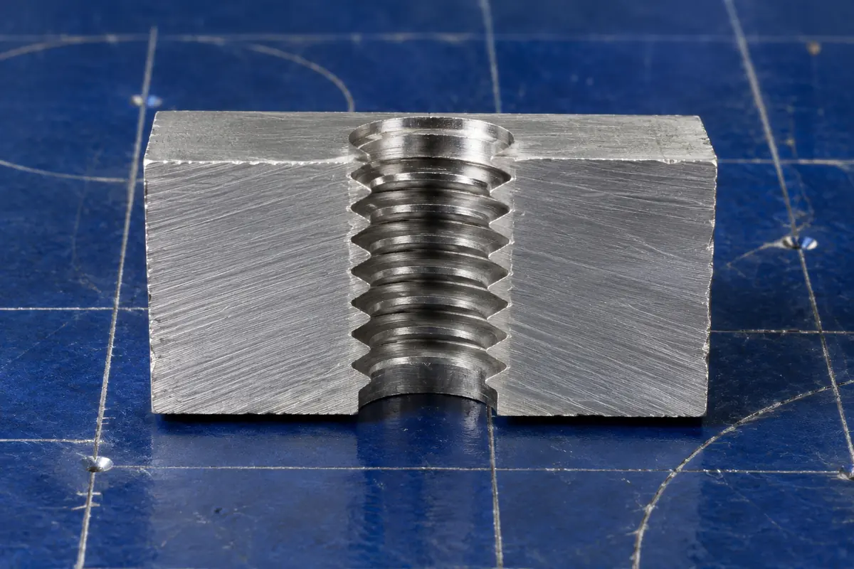An aluminum block sawn through a tapped hole to show the thread profile in cross-section