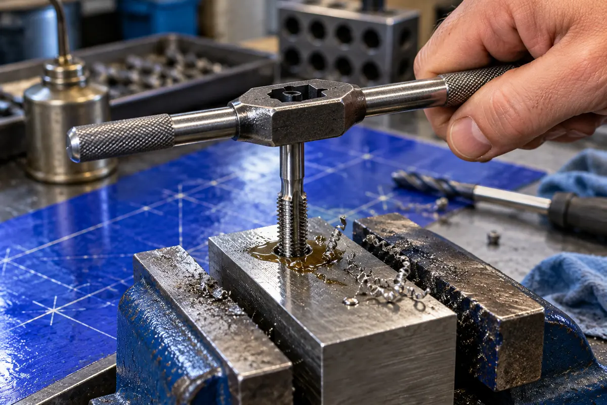 A hand turning a T-handle tap wrench to cut threads in a steel block held in a bench vise