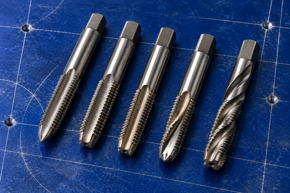 Taper, plug, bottoming, spiral point and spiral flute taps laid side by side on a blue layout plate