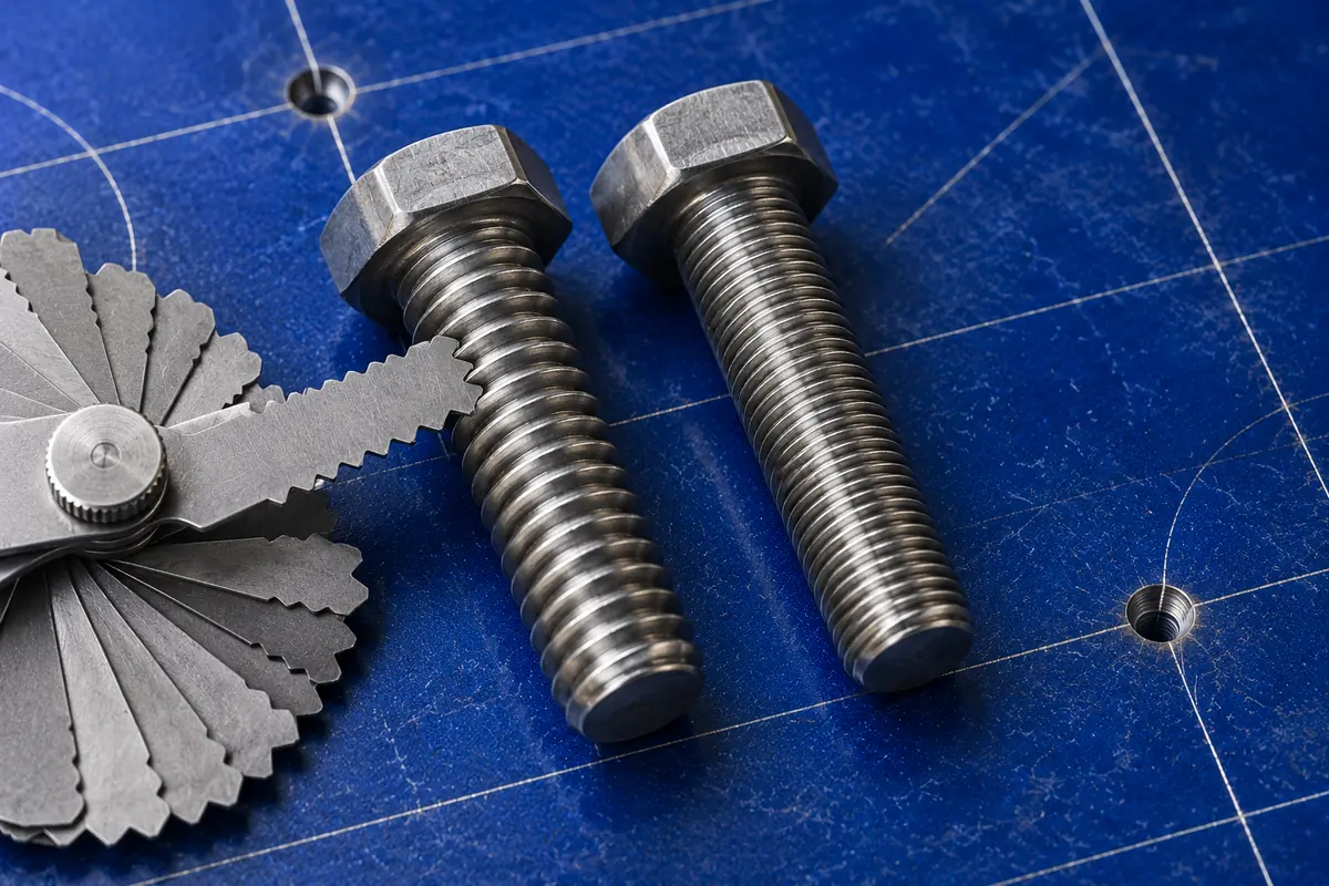 Two bolts of the same diameter, one coarse and one fine thread, with a thread pitch gauge held against one