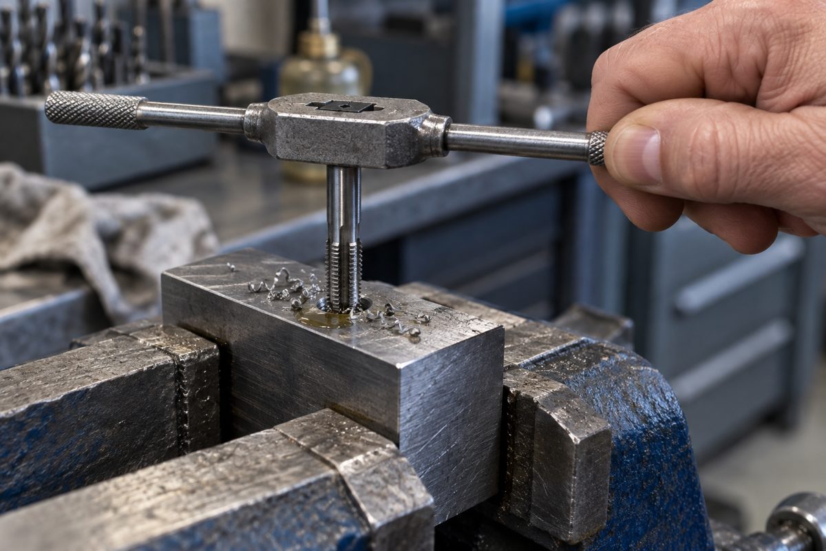 A hand tap in a tap wrench cutting a thread in a steel block held in a vise